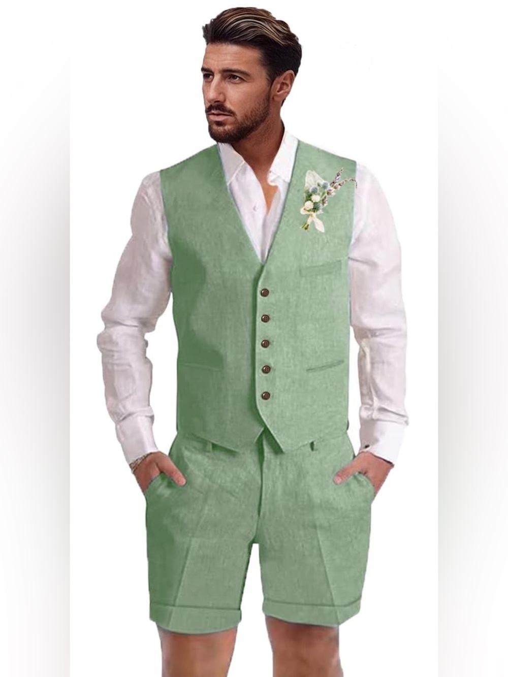 Men's Light Green Linen Suit Vest and Pants Set